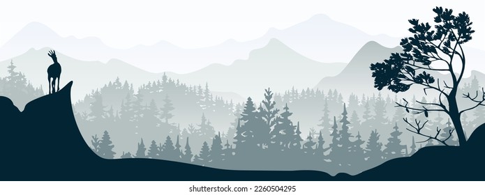 Horizontal banner. A chamois stands on top of a hill with mountains and forest in the background. Black silhouette with gray background. Illustration. Magic misty landscape.