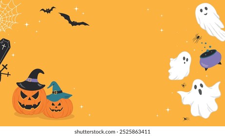 Banner Horizontal Com Personagens Para Halloween. Desenho de Fantasmas, Abóboras, Teias de aranha e outras Decorações Assustadoras. Plano de fundo Com espaço para texto. Vetor