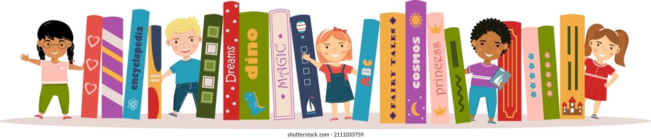 Horizontal banner with childrens and books. Boys and girls are standing near books. Books for childrens and kids. I love reading. Children's book day, festival. Poster for store, shop, library