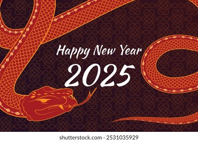 Horizontal banner for Chinese New Year 2025, featuring a snake and decorative symbols in a festive design