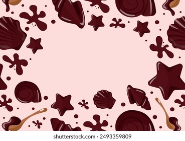 horizontal banner with chocolate candies in the shape of the sea, round twisted shells made of dark chocolate and various chocolate spots