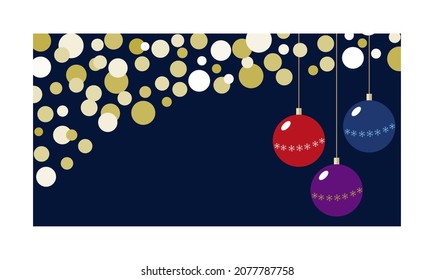 horizontal banner with christmas balls and sparkles on dark blue background, simple vector, copy space 