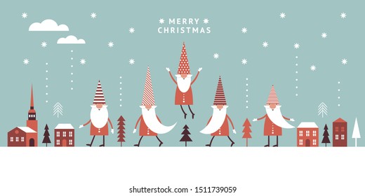 Horizontal banner, Christmas Card, Seasons greetings, cute Gnomes in red hatstal Christmas Card, Seasons greetings, cute Gnomes in red hats