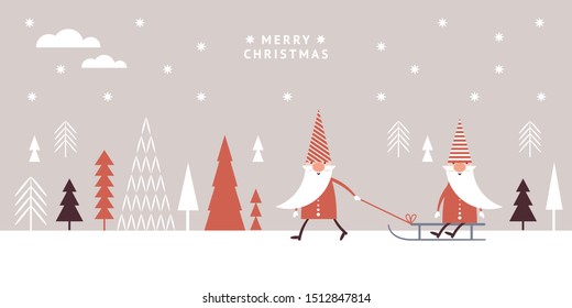 Horizontal banner, Christmas Card, Seasons greetings, cute Gnomes in red hats sledding