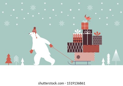 Horizontal banner, Christmas Card, Seasons greetings, Big polar bear carries a sled with gifts
