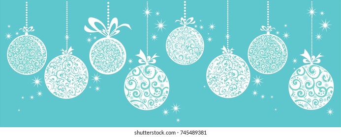 Horizontal banner with christmas garland and ornaments. Hanging christmas balls. Great for flyers, posters, headers. Vector illustration