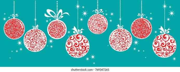 Horizontal banner with christmas garland and ornaments. Hanging christmas balls. Great for flyers, posters, headers. Vector illustration