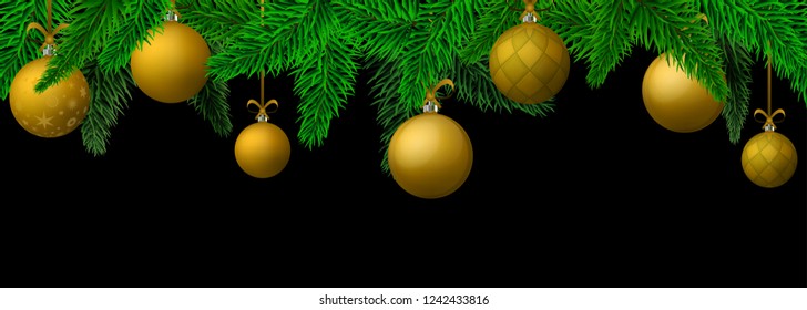 Horizontal banner with Christmas golden balls and green tree isolated on black. Great for flyers, posters, headers. Vector illustration