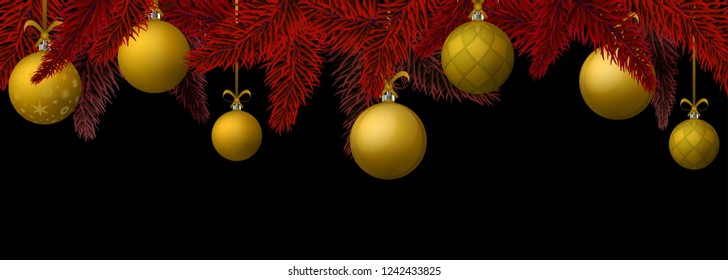 Horizontal banner with Christmas golden balls and red tree isolated on black. Great for flyers, posters, headers. Vector illustration