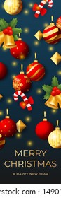 Horizontal banner for Christmas and New Year. Holiday design with beautiful baubles on shining blue background. Lettering can be used for greeting card, poster, leaflet