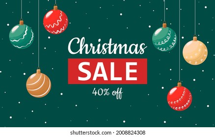 Horizontal banner Christmas and New Year discounts. Big sale for the holidays. Vector illustration with Christmas tree bunks.