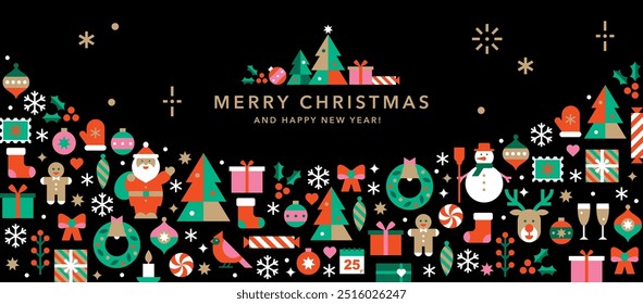 Horizontal banner with Christmas and New Year icons in abstract modern geometric flat style.Seasons greetings.Happy holidays.Winter template for card, invitation or advertising.Vector illustration.