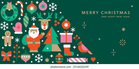 Horizontal banner with Christmas and New Year icons in abstract modern geometric flat style.Seasons greetings.Happy holidays.Winter template for card, invitation or advertising.Vector illustration.