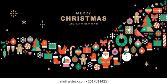 Horizontal banner with Christmas and New Year icons in abstract modern geometric flat style.Seasons greetings.Happy holidays.Winter template for card, invitation or advertising.Vector illustration.