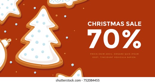 Horizontal banner Christmas sale with gingerbread Christmas tree in glaze. Template New year gift certificate and discount coupon. Vector illustration.