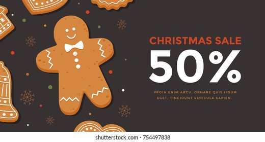 Horizontal banner Christmas sale with gingerbread man. Template New year gift certificate and discount coupon. Vector illustration. 