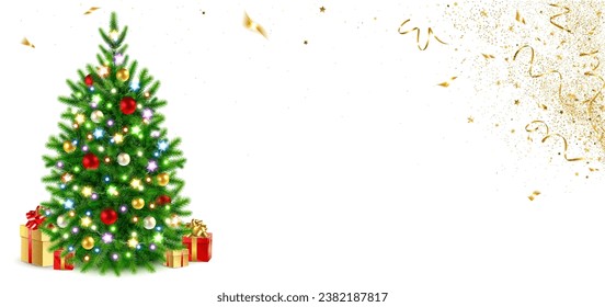 horizontal banner with Christmas tree decorated with glowing garlands and golden confetti on a white background