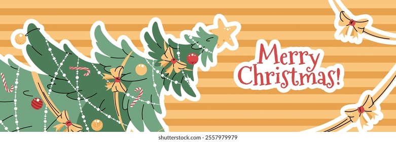 Horizontal banner with Christmas tree decorated with garland and toys on yellow striped background in flat cartoon style. Vector background for Christmas poster, banner, card, 