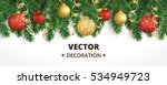 Horizontal banner with christmas tree garland and ornaments. Hanging gold and red balls and ribbons. Great for flyers, posters, headers. Vector illustration