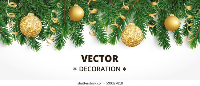 Horizontal banner with christmas tree garland and ornaments. Hanging golden glitter balls and ribbons. Great for flyers, posters, headers. Vector illustration