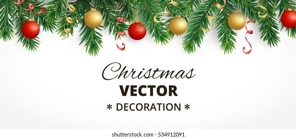 Horizontal banner with christmas tree garland and ornaments. Hanging gold and red balls and ribbons. Great for flyers, posters, headers. Vector illustration