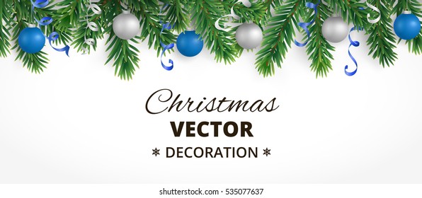 Horizontal banner with christmas tree garland and ornaments. Hanging blue and silver balls and ribbons. Great for flyers, posters, headers. Vector illustration