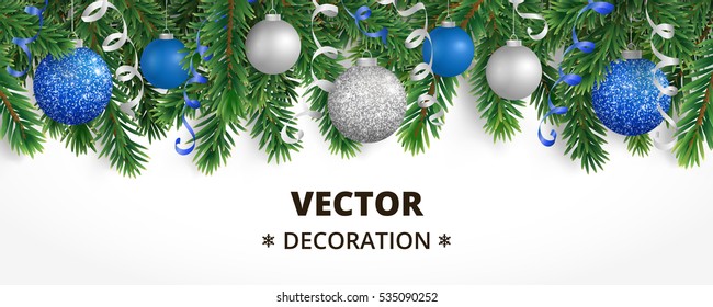 Horizontal banner with Christmas tree garland and ornaments. Hanging blue and silver balls and ribbons. Great for flyers, posters, headers. Vector illustration