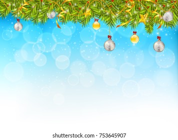 Horizontal banner with christmas tree garland and ornaments. Hanging golden glitter balls and ribbons. Great for flyers, posters, headers. Vector illustration