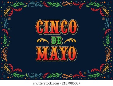 Horizontal banner with Cinco de Mayo inscription in frame of multicolored swirl and curl elements on dark background, vector illustration