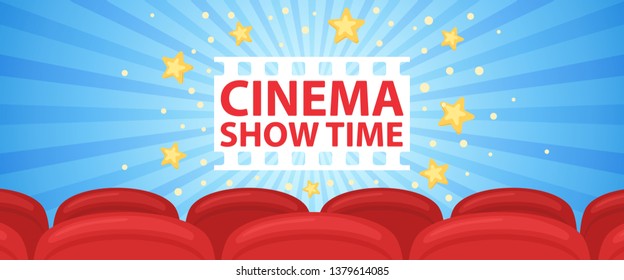 Horizontal banner with cinema row of red sits. Vector