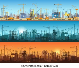 Horizontal banner of city or website construction. Tractors, grader, bulldozers, excavators and tower cranes with skyscraper under construction. Silhouette and trendy flat vector illustration.
