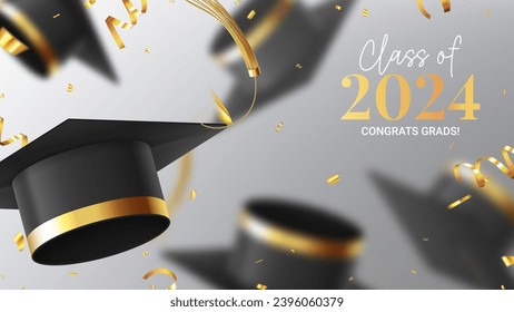 Horizontal banner for Class of 2024. Vector illustration with flying 3d graduation caps, serpentine and confetti. Vector banner for decoration of congratulations graduates 2024, degree ceremony.