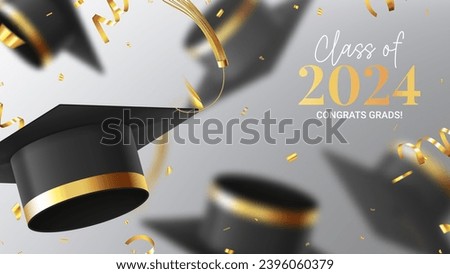 Horizontal banner for Class of 2024. Vector illustration with flying 3d graduation caps, serpentine and confetti. Vector banner for decoration of congratulations graduates 2024, degree ceremony.