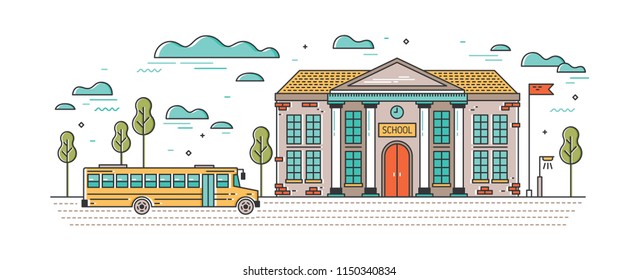 Horizontal banner with classic school building and bus for children driving on road. Educational institution, system of formal education. Bright colored vector illustration in modern line art style.