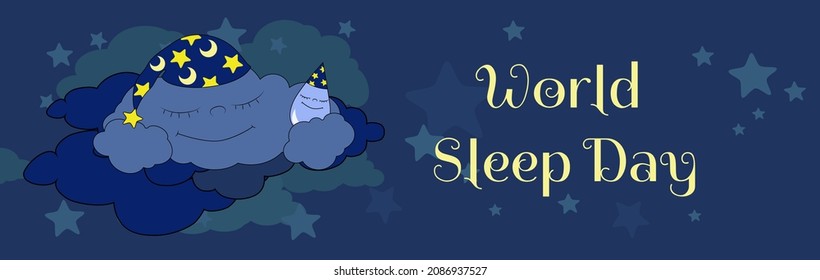 Nubes horizontales de pancartas y gotas de lluvia en una copa de noche duermen tranquilamente entre las nubes y las estrellas en el cielo nocturno. Concepto de descanso nocturno en dibujos animados estilo infantil para el Día Mundial del Sueño.