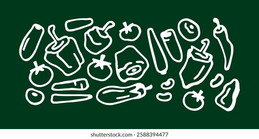 Horizontal banner of a collection of vector vegetables, drawn in a white pen style on a dark green background. Vector graphics