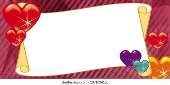 Horizontal banner with color background, blank paper scroll and sparkling hearts. Copy space. Vector clip art.