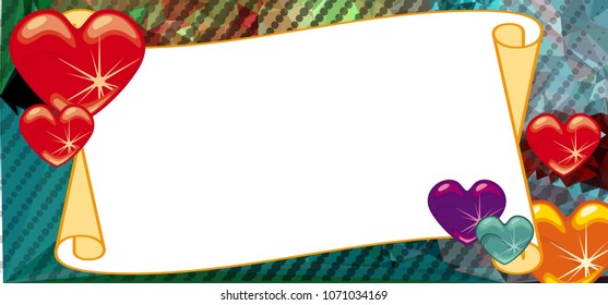Horizontal banner with color background, blank paper scroll and sparkling hearts. Copy space. Vector clip art.