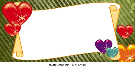 Horizontal banner with color background, blank paper scroll and sparkling hearts. Copy space. Vector clip art.