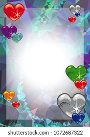 Horizontal banner with color background, blank paper and sparkling hearts. Copy space. Vector clip art.