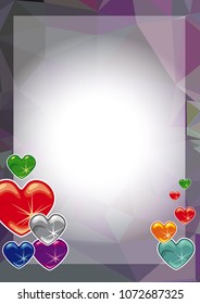 Horizontal banner with color background, blank paper and sparkling hearts. Copy space. Vector clip art.