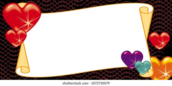Horizontal banner with color background, blank paper scroll and sparkling hearts. Copy space. Vector clip art.