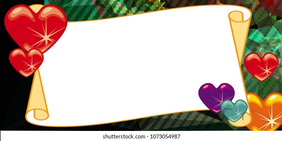 Horizontal banner with color background, blank paper scroll and sparkling hearts. Copy space. Vector clip art.