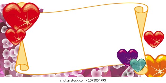 Horizontal banner with color background, blank paper scroll and sparkling hearts. Copy space. Vector clip art.