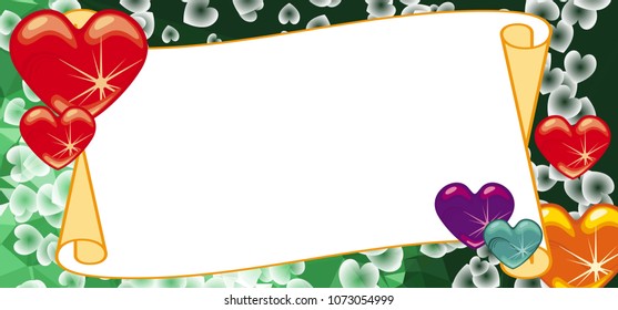 Horizontal banner with color background, blank paper scroll and sparkling hearts. Copy space. Vector clip art.