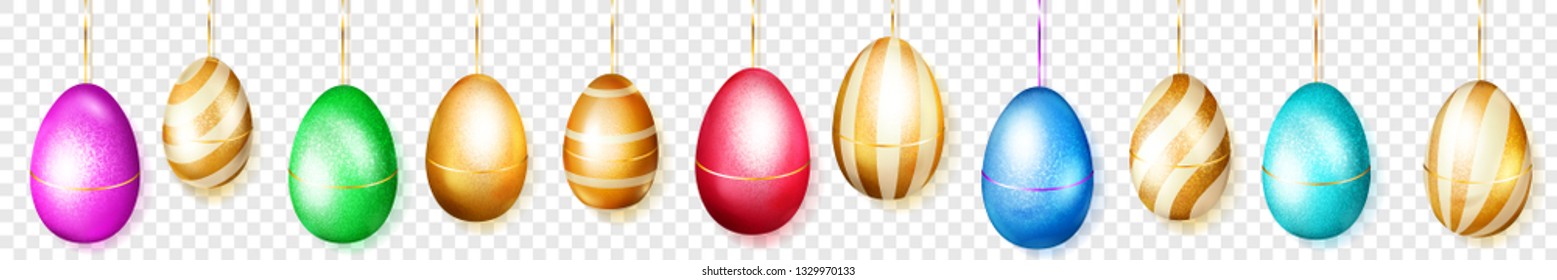 Horizontal banner of colored Easter eggs with stripes and without hanging on transparent background
