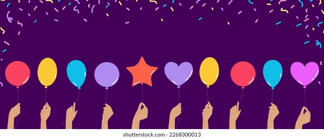 Horizontal banner with a colorful balloons in hands with a festive confetti around it. Vector illustration