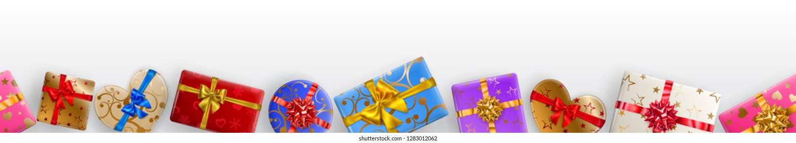 Horizontal banner with colorful gift boxes with ribbons, bows and various patterns