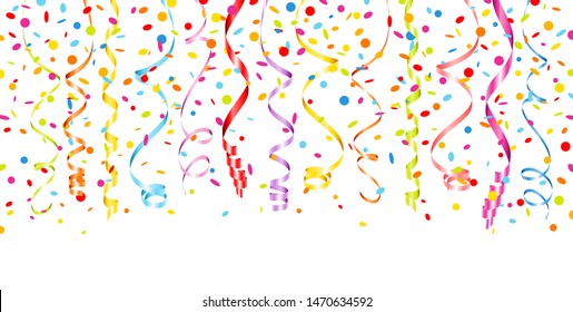 Horizontal Banner Colorful Hanging Streamers And Confetti