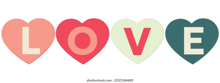 Horizontal banner with colorful heart shapes displaying the word LOVE in bold letters on a white background. Festive concept for background, greeting card, website and mobile website banner